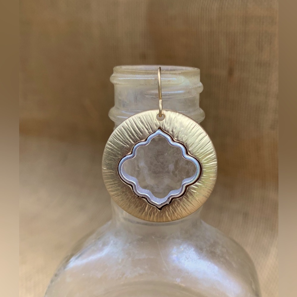 NEW Gold round dangle earrings with silver accent quatrefoil cutout